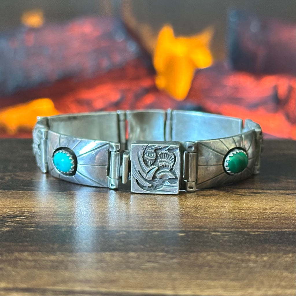 Navajo Tommy Jackson Turquoise Lapis Garnet Malachite Sterling Hand Stamped Bracelet