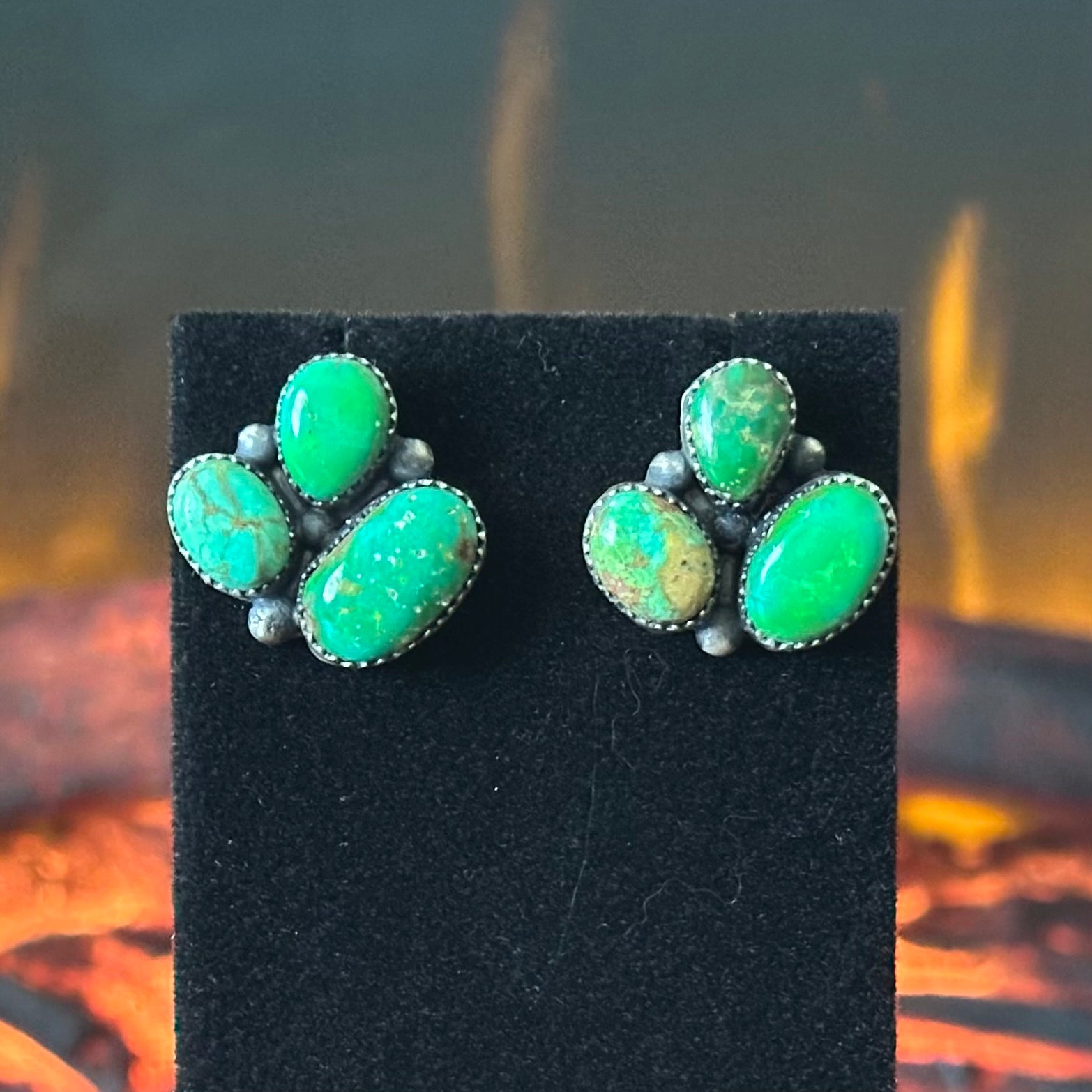 Navajo Anna Spencer Sonoran Gold Turquoise 38 Stone Sterling Cluster Statement Necklace Earrings Set