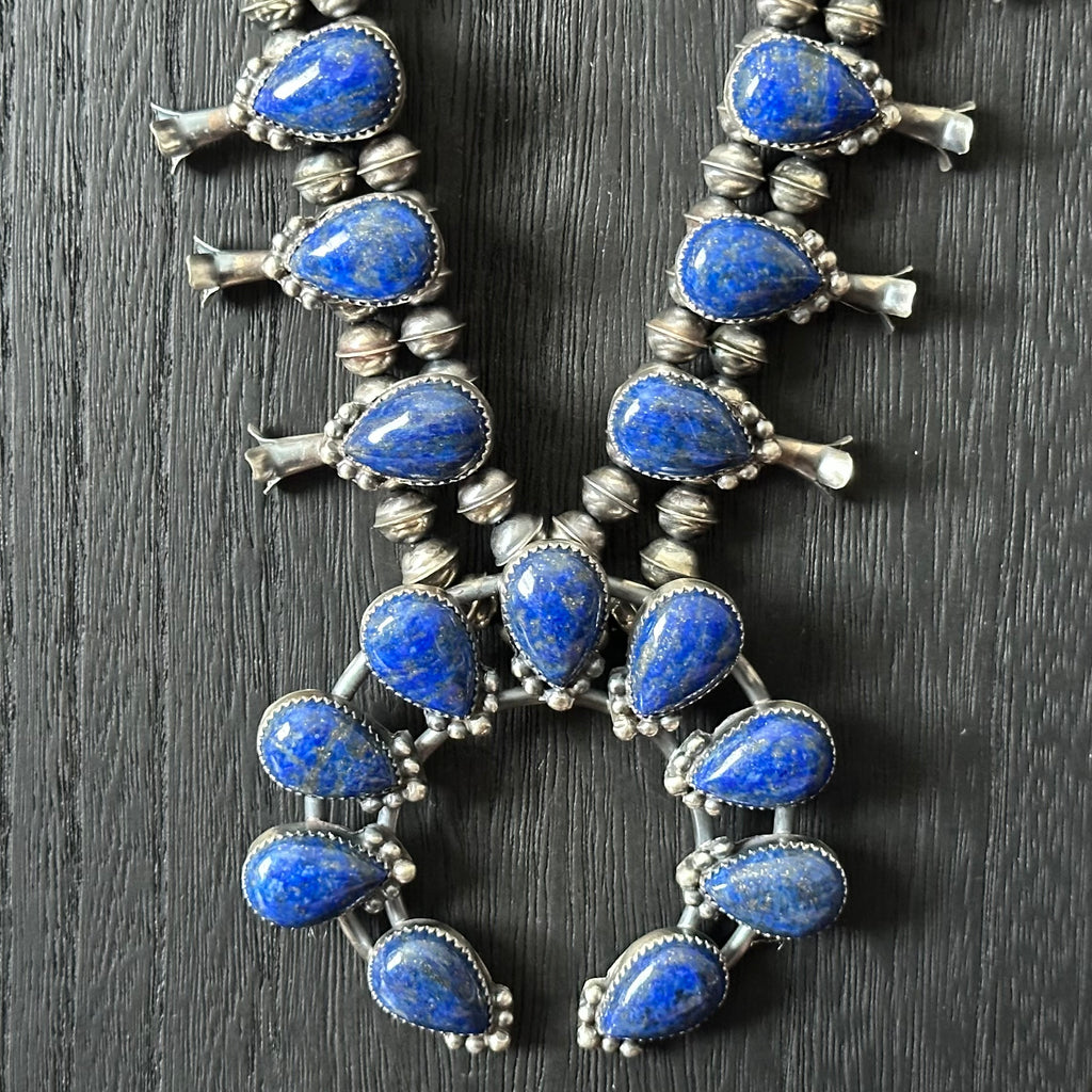 Navajo Phil & Lenora Garcia Lapis 23 Stone Sterling Raindrop Squash Blossom Earrings Set