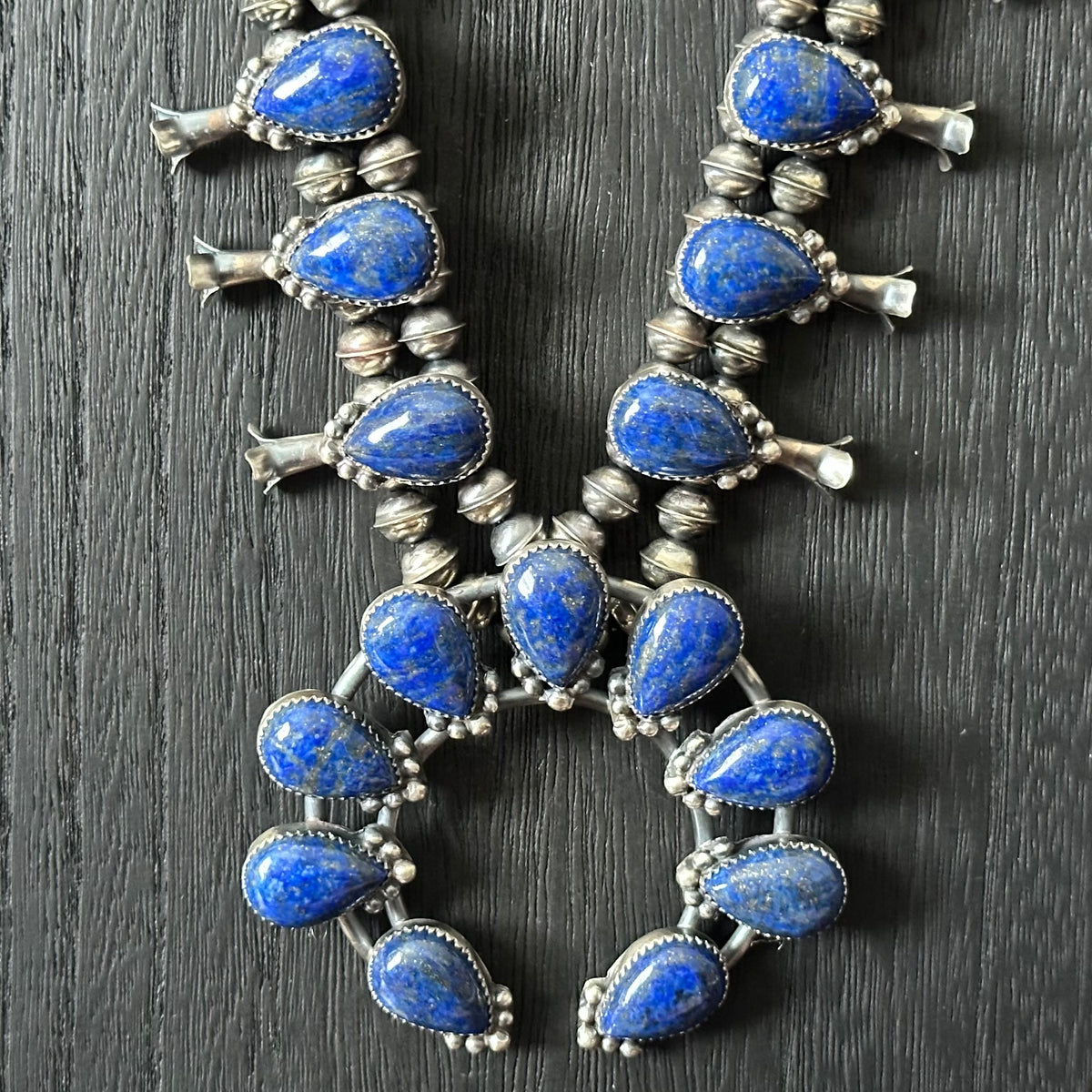 Navajo Phil & Lenora Garcia Lapis 23 Stone Sterling Raindrop Squash Blossom Earrings Set