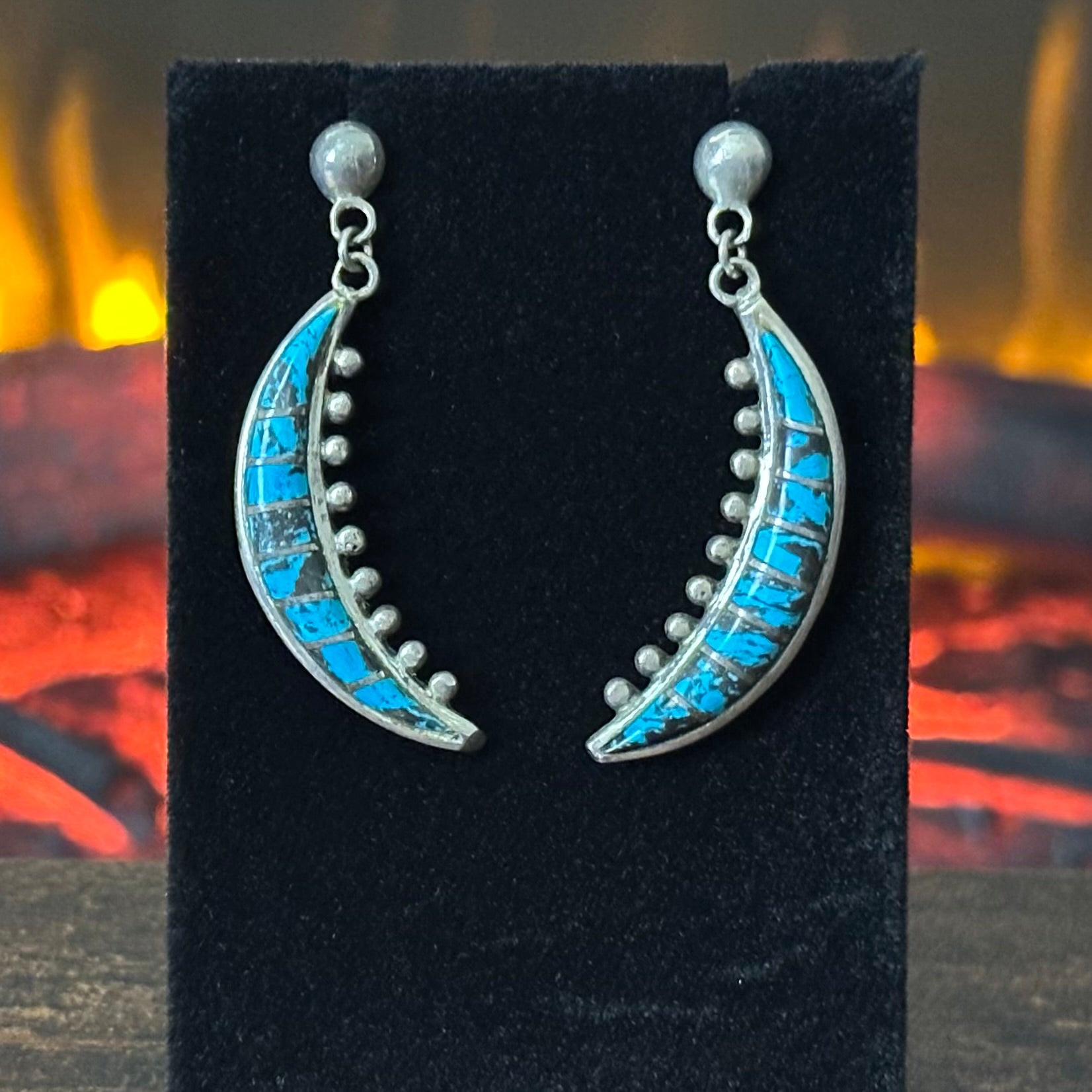 Vintage Turquoise Sterling Crescent Inlay Statement Necklace Earrings Set