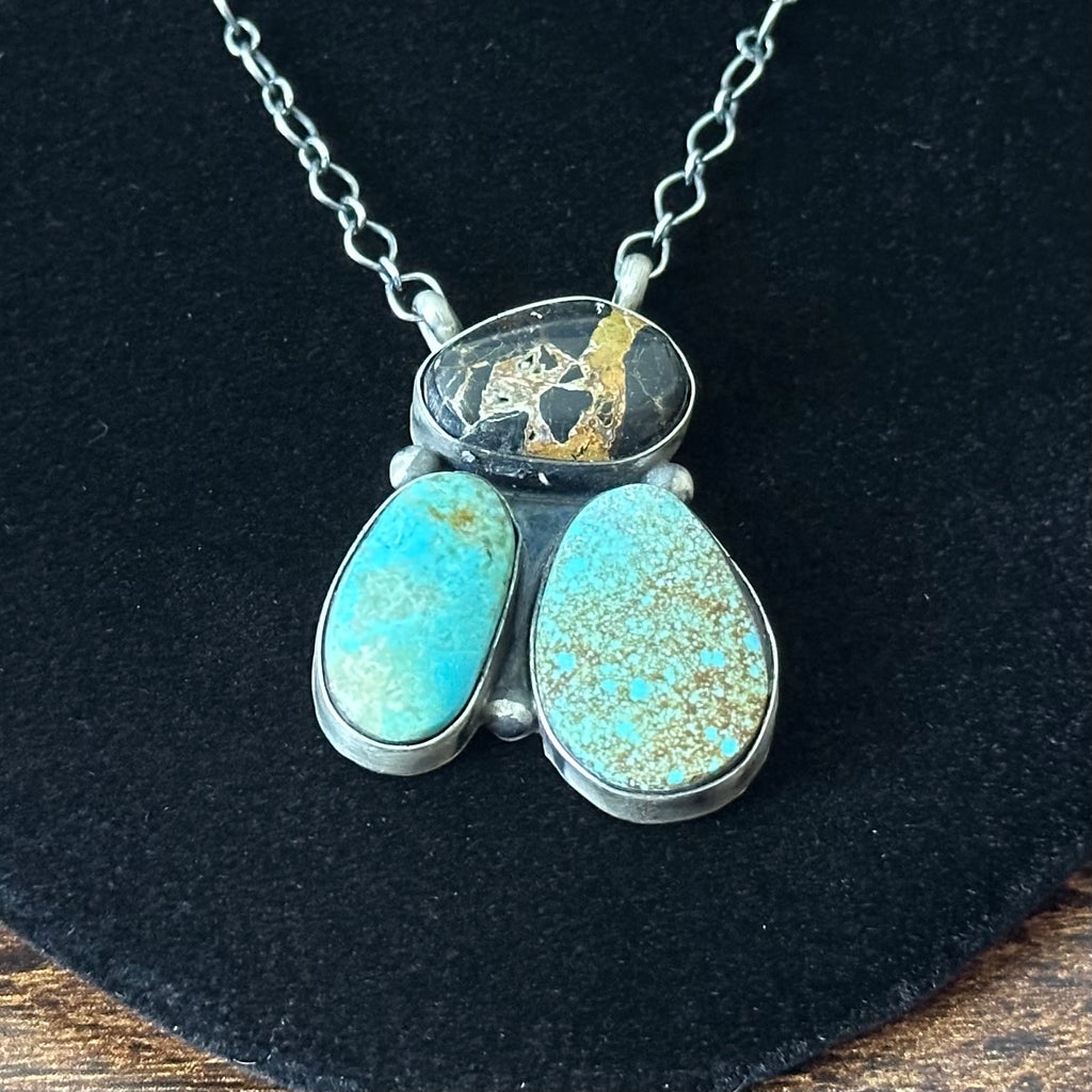 Navajo LeTricia Largo Mine #8 Turquoise Blackjack 3 Stone Sterling Raindrop Pendant Necklace