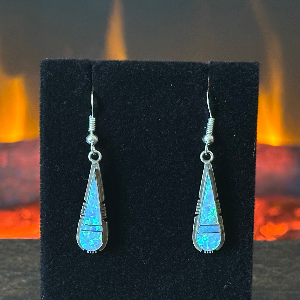 Navajo Steve Francisco Opal Sterling Teardrop Inlay Dangle Earrings