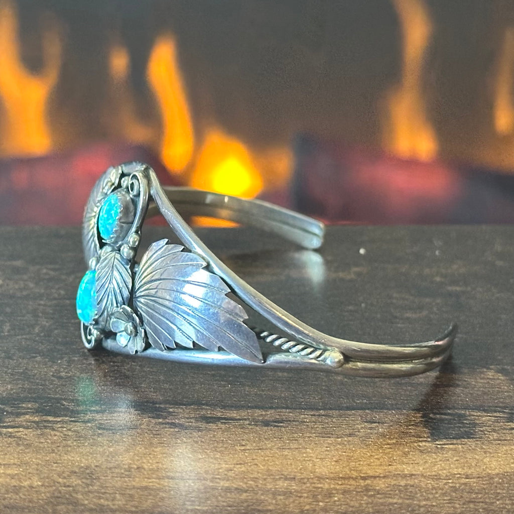 Opal Sterling Twist Wire Ornate Floral Cuff
