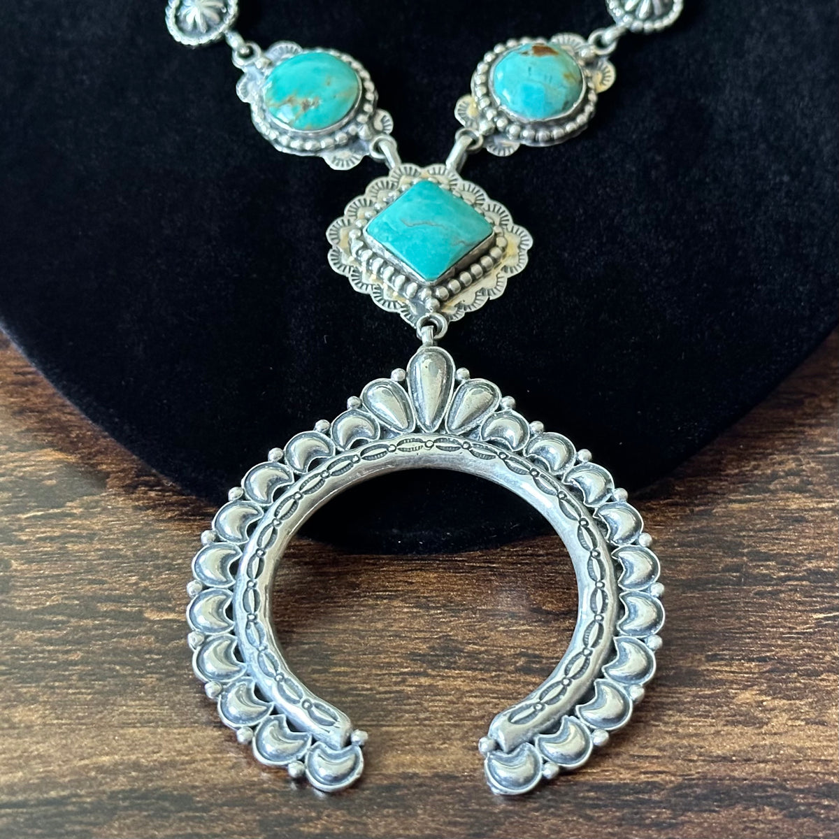 Navajo Charlene Yazzie Turquoise 5 Stone Sterling Hand Stamped Naja Necklace