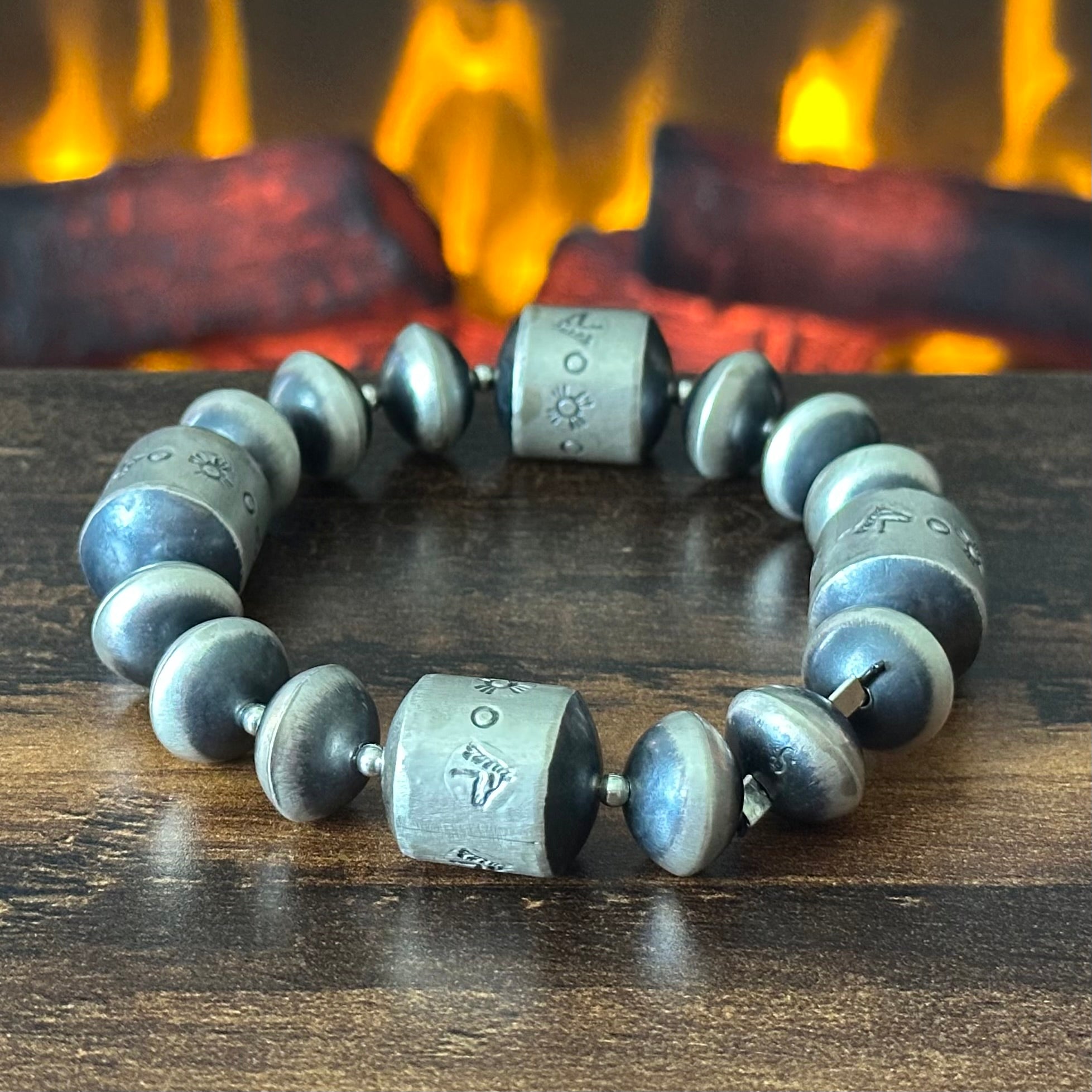 Navajo Sharon Cooley Sterling Handmade Stamped Horse Cylinder Bead Pearl Bracelet