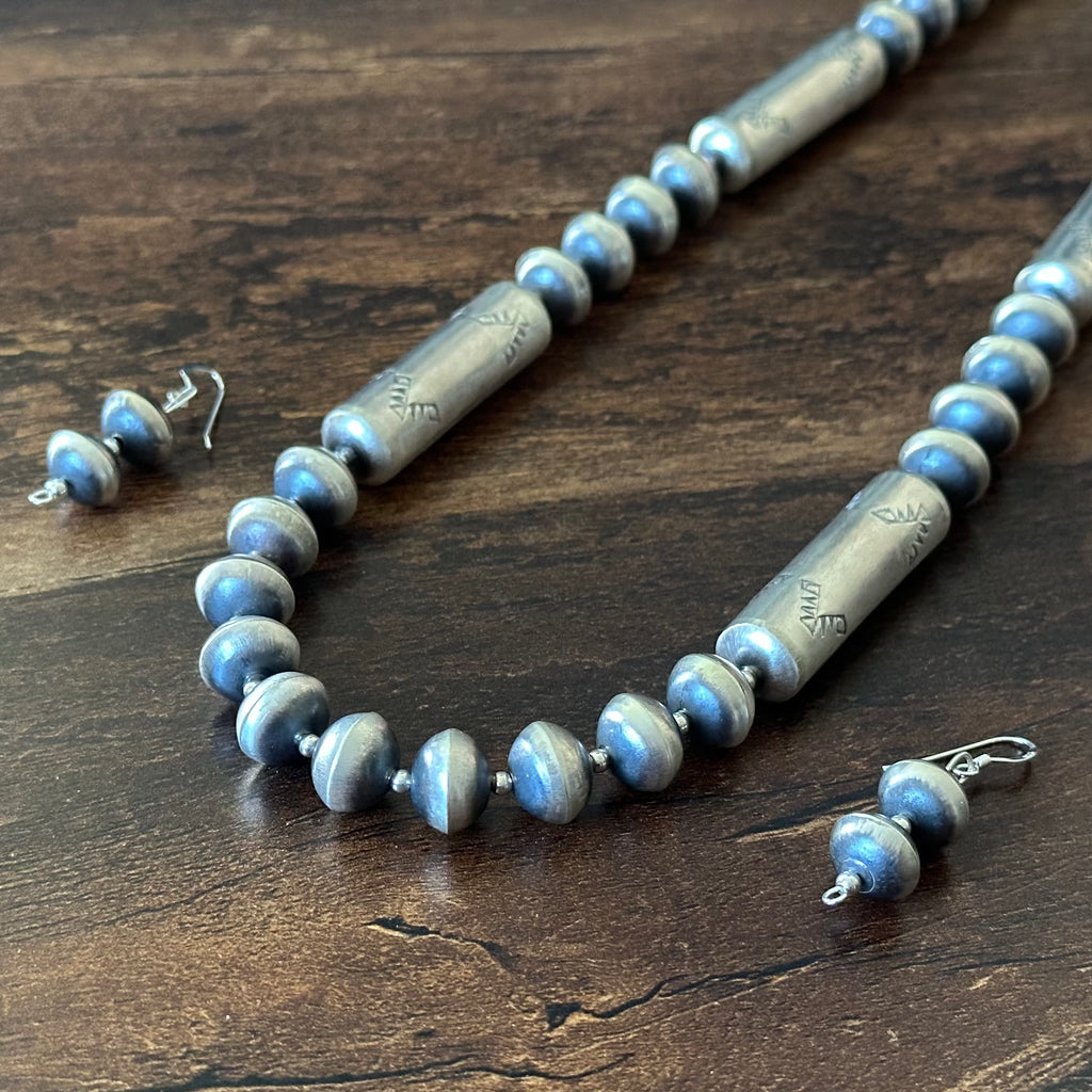 Navajo Sharon Cooley Sterling Handmade Stamped Cylinder Bead Necklace Earrings Set
