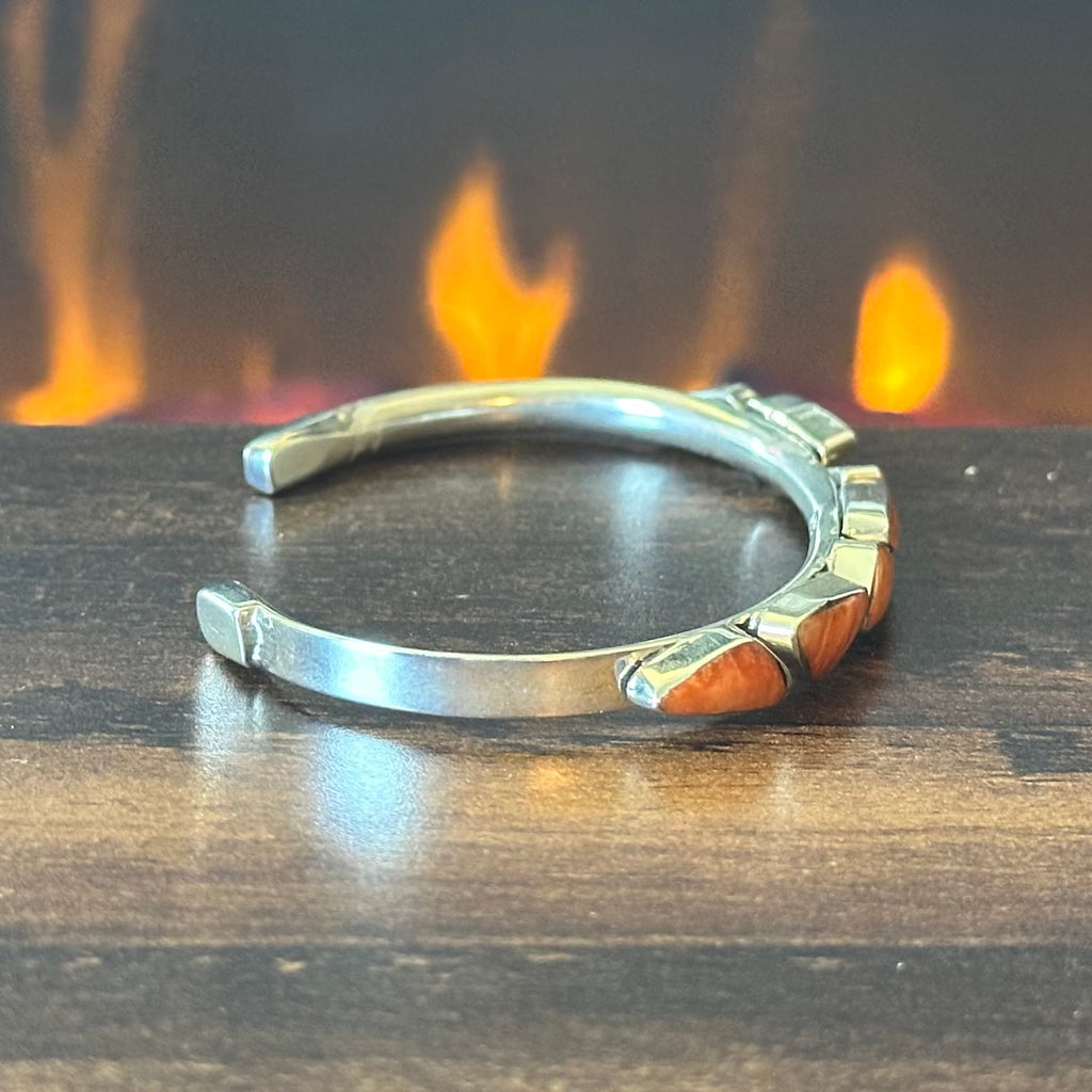 Navajo Sadie Jim Orange Spiny Oyster 7 Stone Sterling Triangle Stacker Cuff