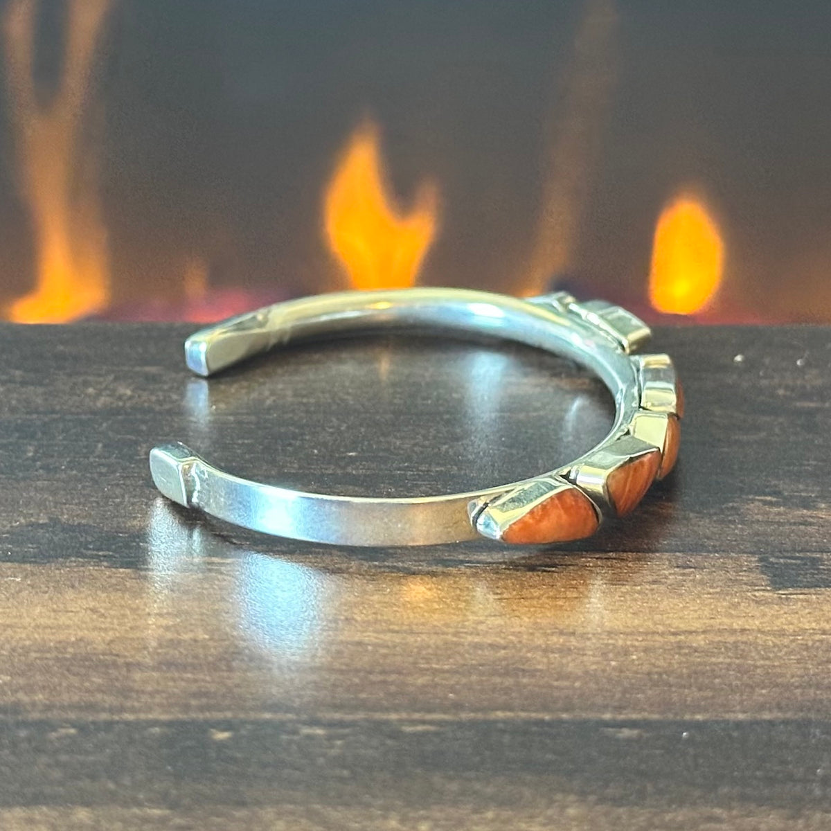 Navajo Sadie Jim Orange Spiny Oyster 7 Stone Sterling Triangle Stacker Cuff