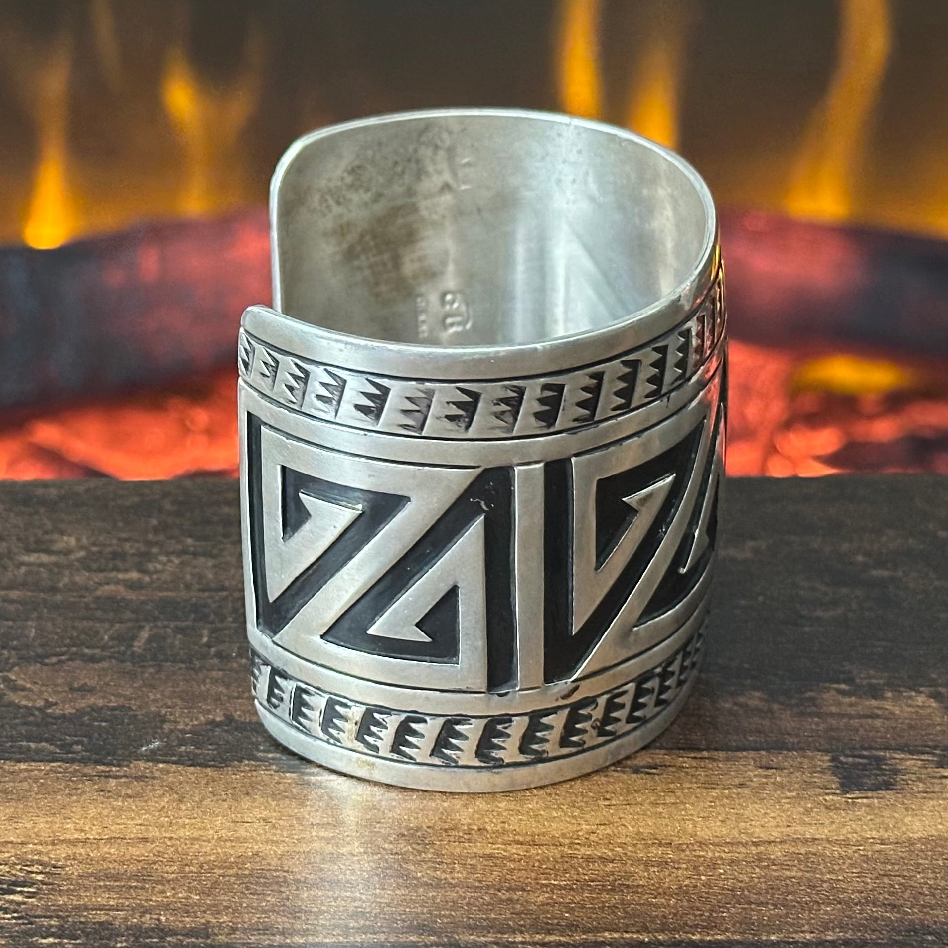 Navajo Charlie Bowie Hand Stamped Sterling Overlay Statement Cuff
