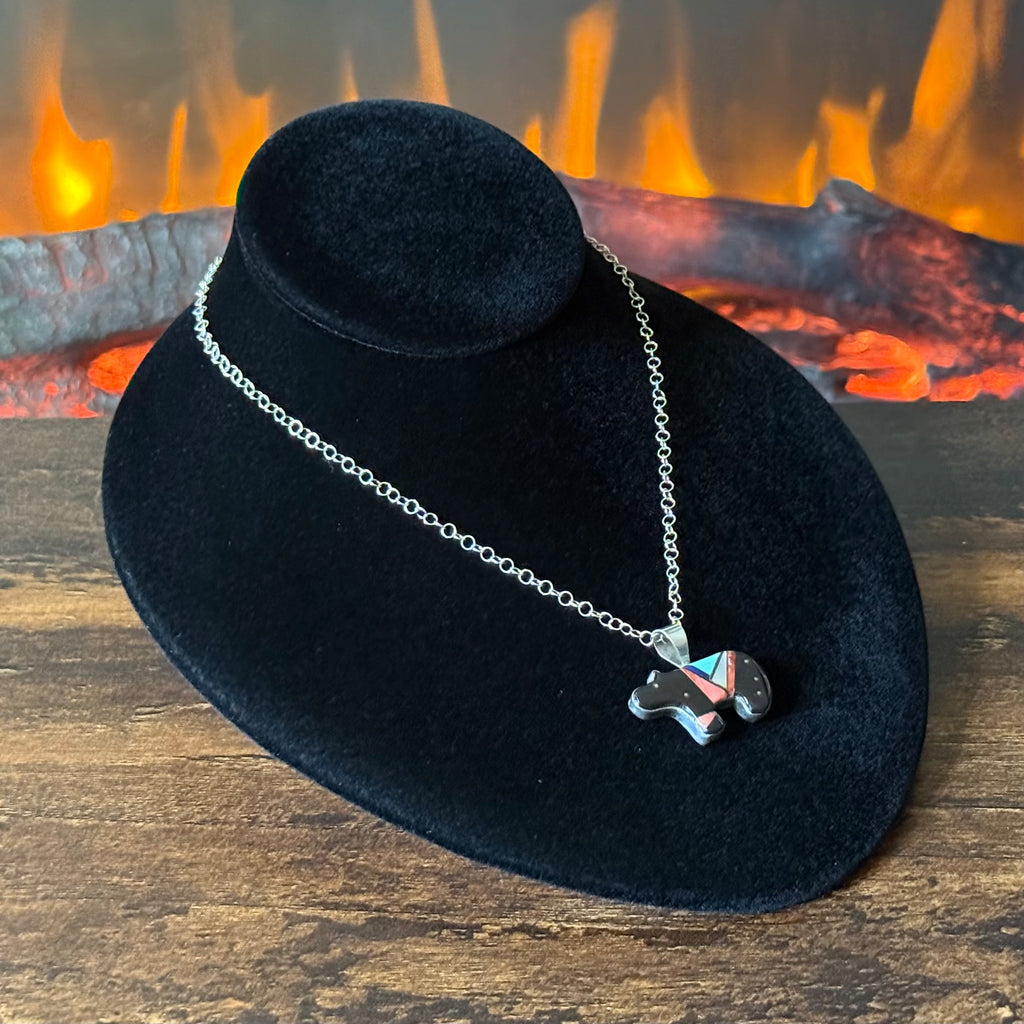 Navajo Gilbert Smith Turquoise Onyx Spiny Oyster Mother of Pearl Lapis Sterling Bear Micro Inlay Pendant Necklace