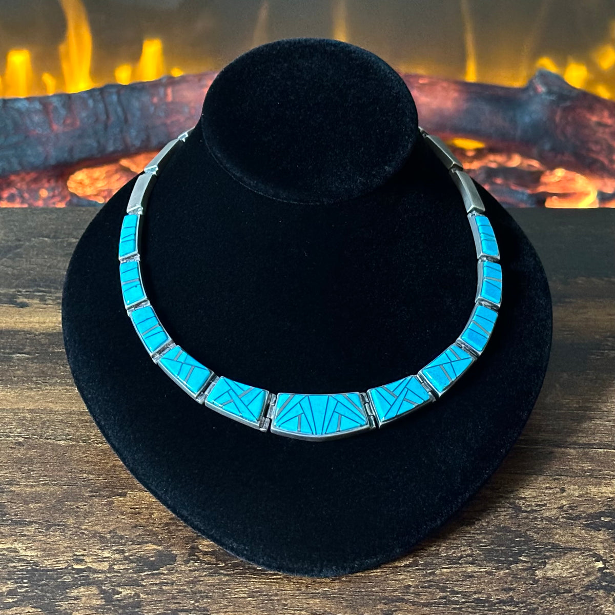 Navajo Pamela Daniels TSF Turquoise Sterling Hinged Geometric Inlay Necklace
