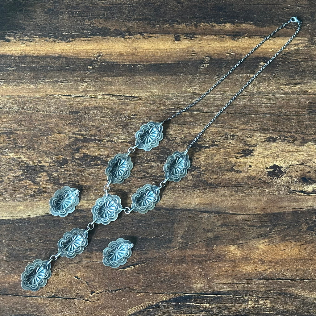 Navajo Raymond Benally Turquoise 7 Stone Sterling Hand Stamped Concho Lariat Necklace Earrings Set