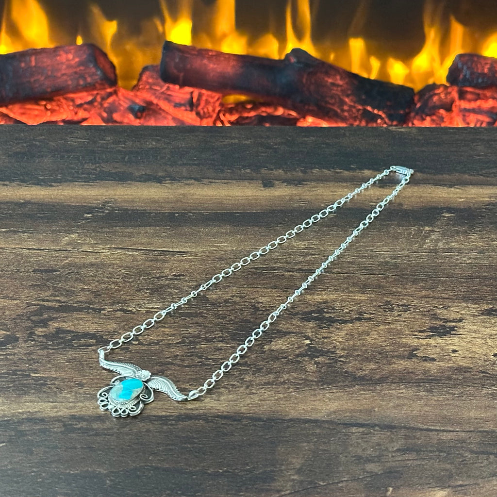 Navajo Gregg Yazzie Turquoise Sterling Twist Wire Feather Pendant Necklace