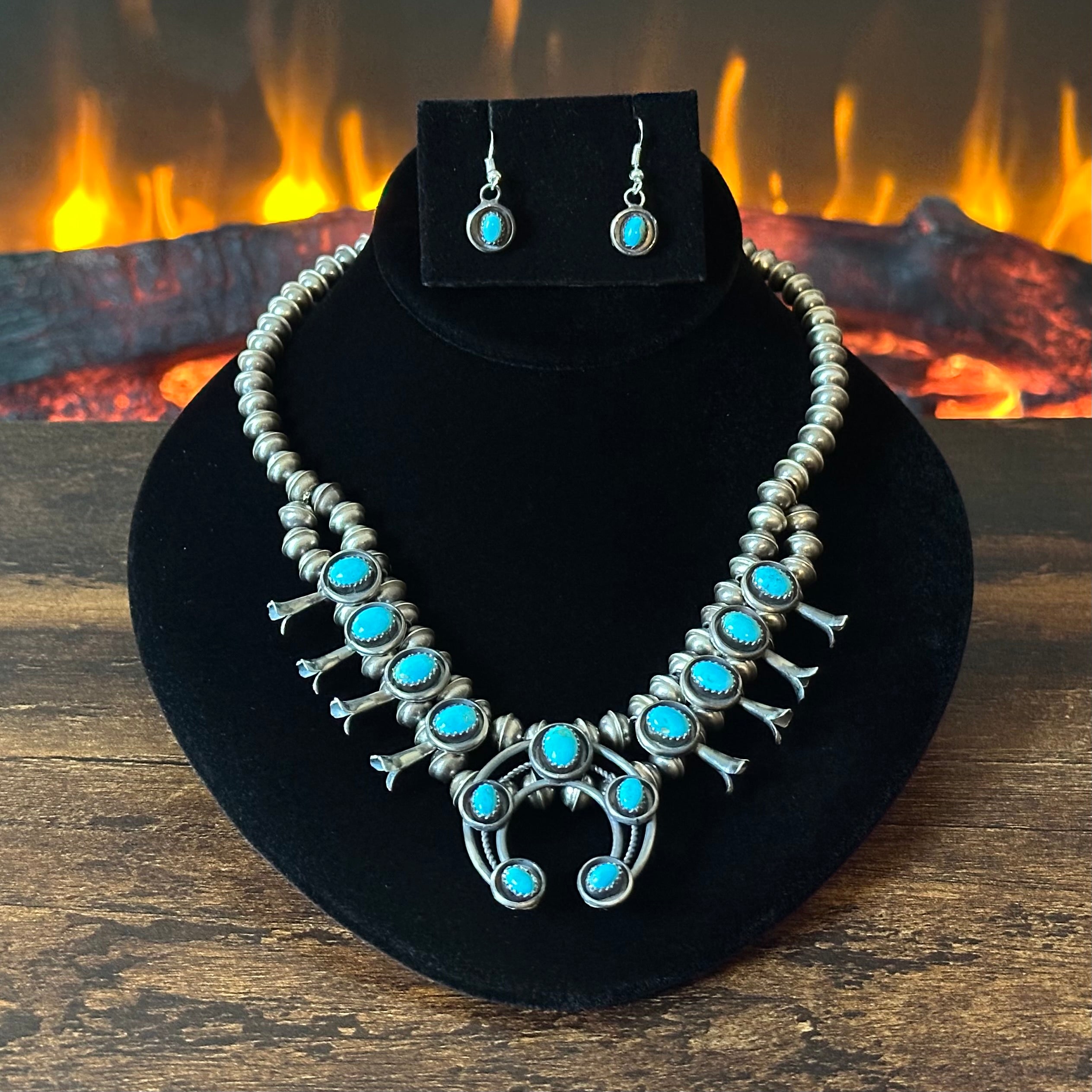 Navajo Phil & Lenora Garcia Sleeping Beauty Turquoise 13 Stone Sterling Oxidized Squash Blossom Earrings Set