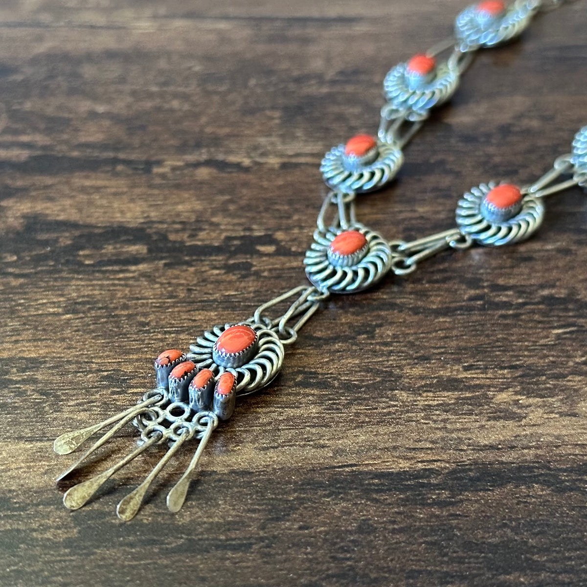 Zuni Al Lemontino Signed Vintage Red Coral 12 Stone Sterling Lariat Tassel Necklace