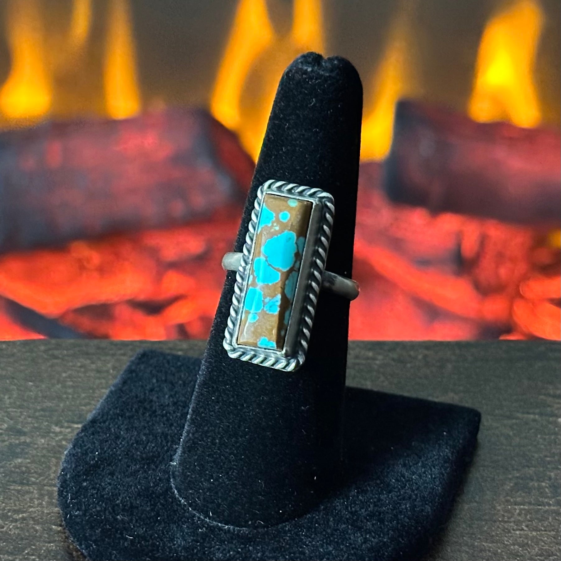 Navajo Judith Dixon #8 Turquoise Sterling Twist Wire Bezel Rectangular Ring