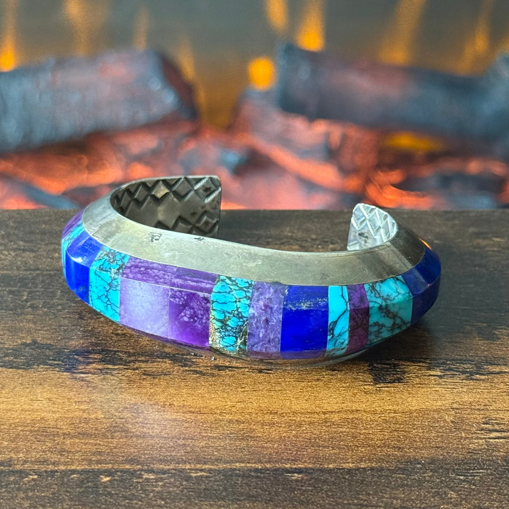 Navajo Herbert Toledo Turquoise Lapis Sugilite Sterling Hand Stamped Inlay Statement Cuff