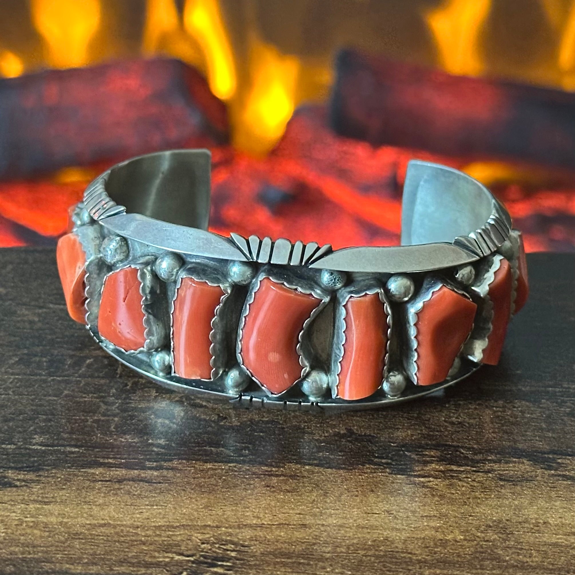 Navajo JW Toadlena Red Coral 11 Stone Sterling Raindrop Statement Cuff
