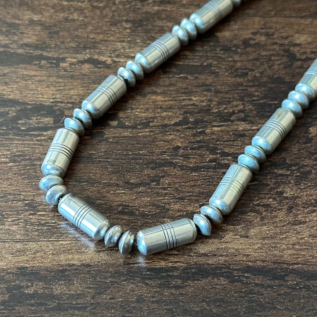 SL Signed Sterling Handmade Cylinder Saucer Bead Necklace