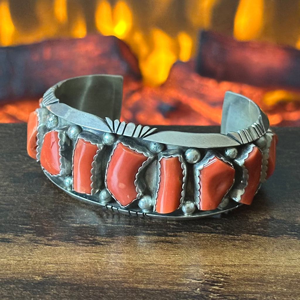 Navajo JW Toadlena Red Coral 11 Stone Sterling Raindrop Statement Cuff