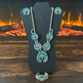 Navajo Nora Tsosie Turquoise 44 Stone Sterling Hand Stamped Petite Point Naja Statement Necklace Earrings Cuff Set