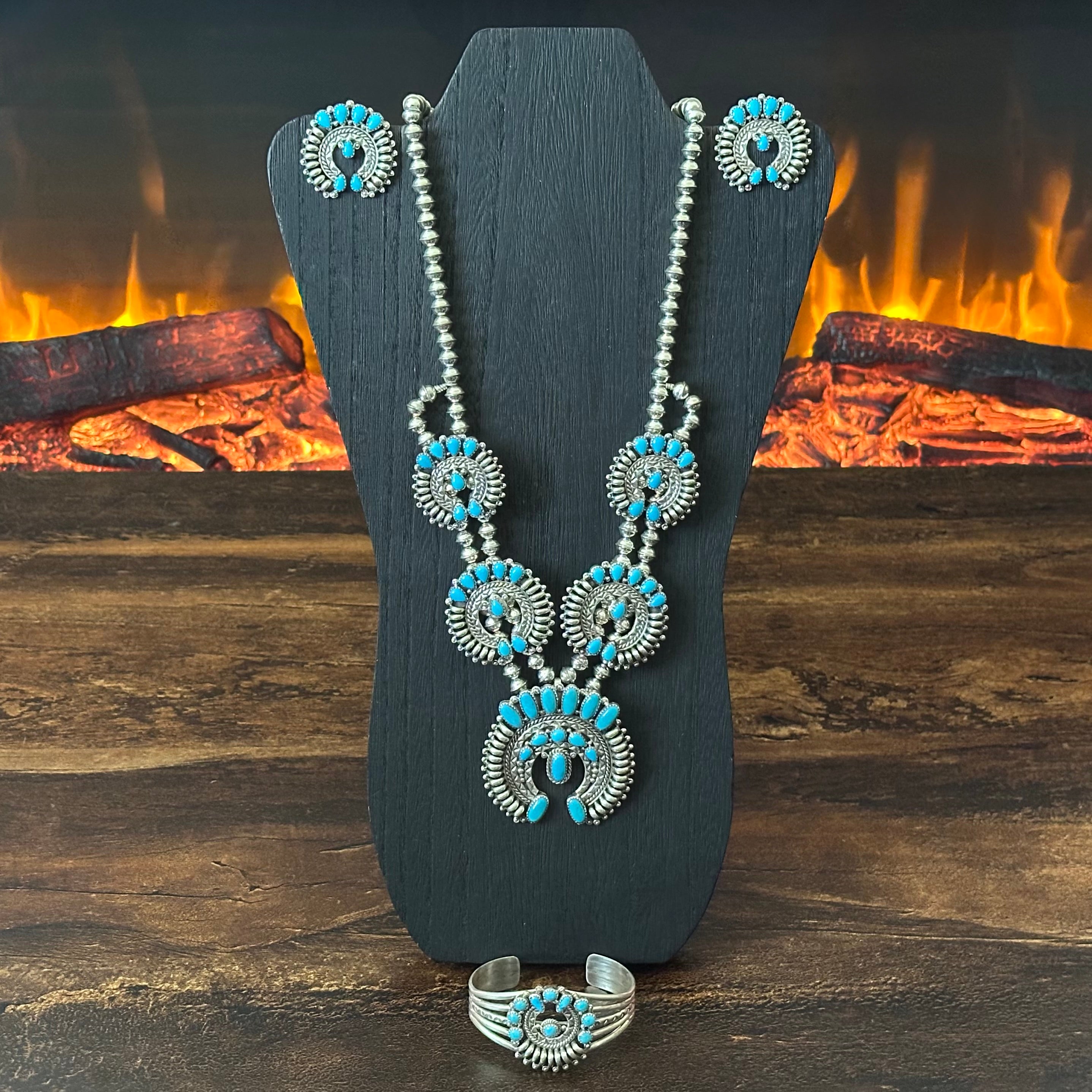 Navajo Nora Tsosie Turquoise 44 Stone Sterling Hand Stamped Petite Point Naja Statement Necklace Earrings Cuff Set