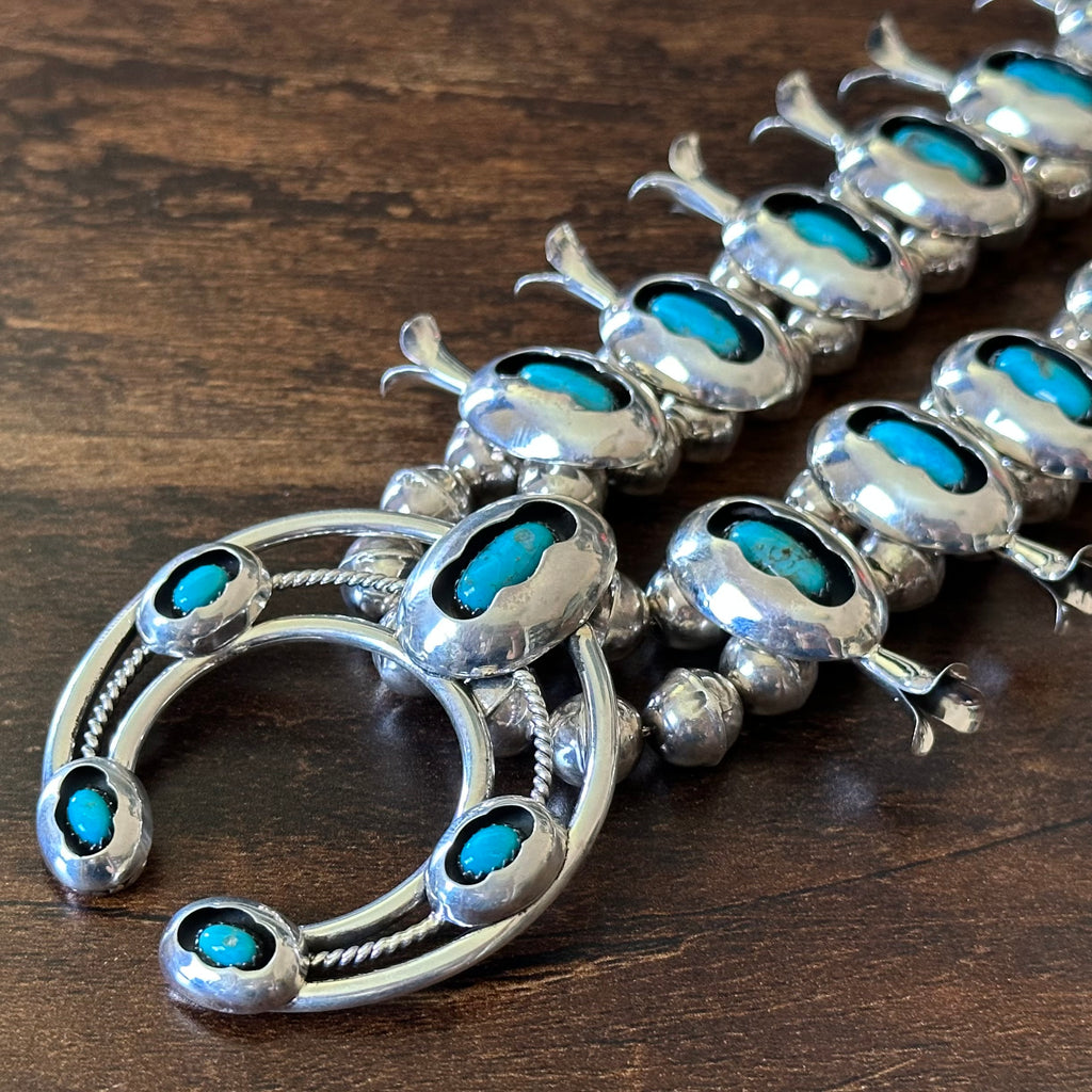 Navajo Marie Kirlie Turquoise 19 Stone Sterling 10mm Handmade Bead Shadowbox Squash Blossom Earrings Set