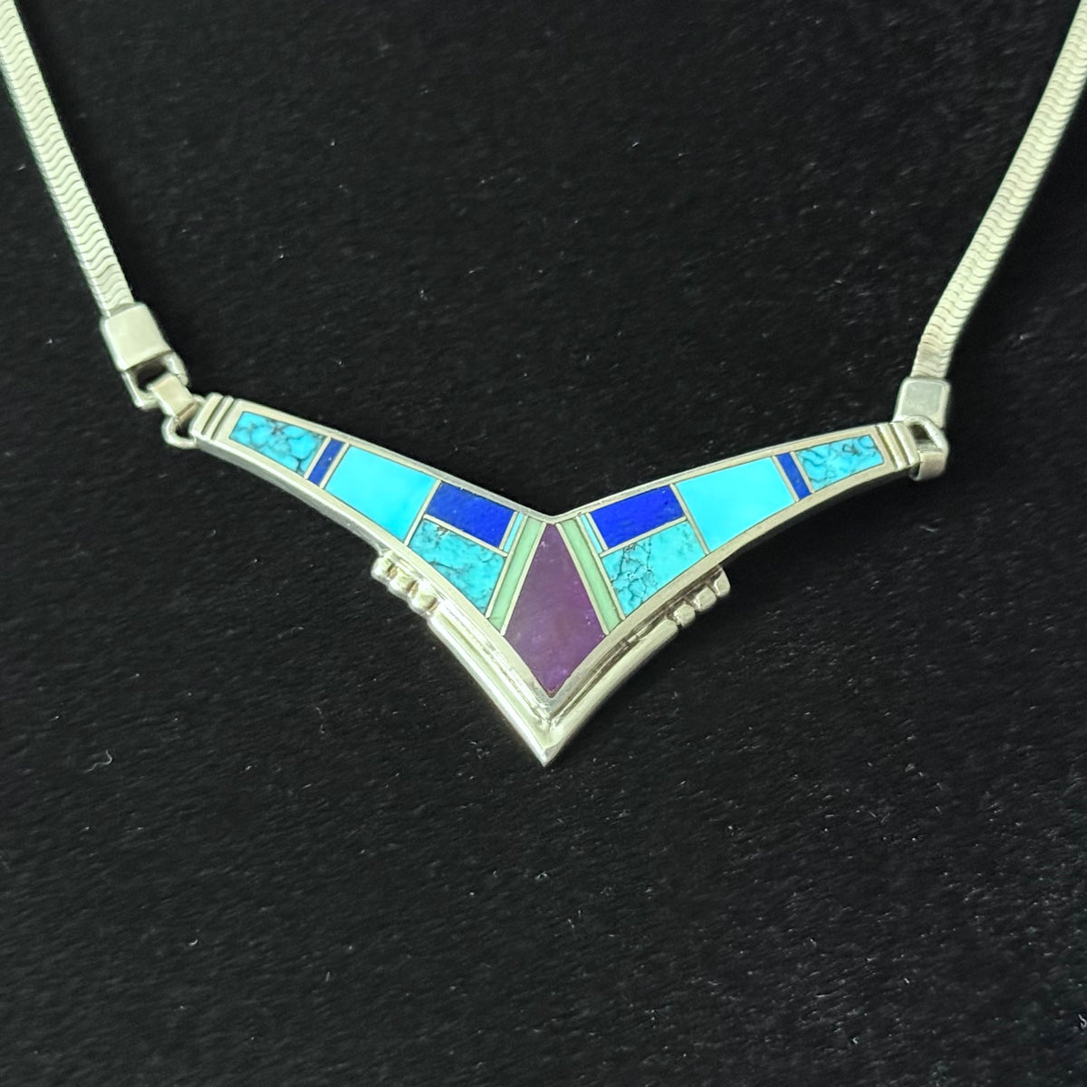Navajo Charles Willie Turquoise Lapis Sugilite Gaspeite Sterling Chevron Inlay Necklace
