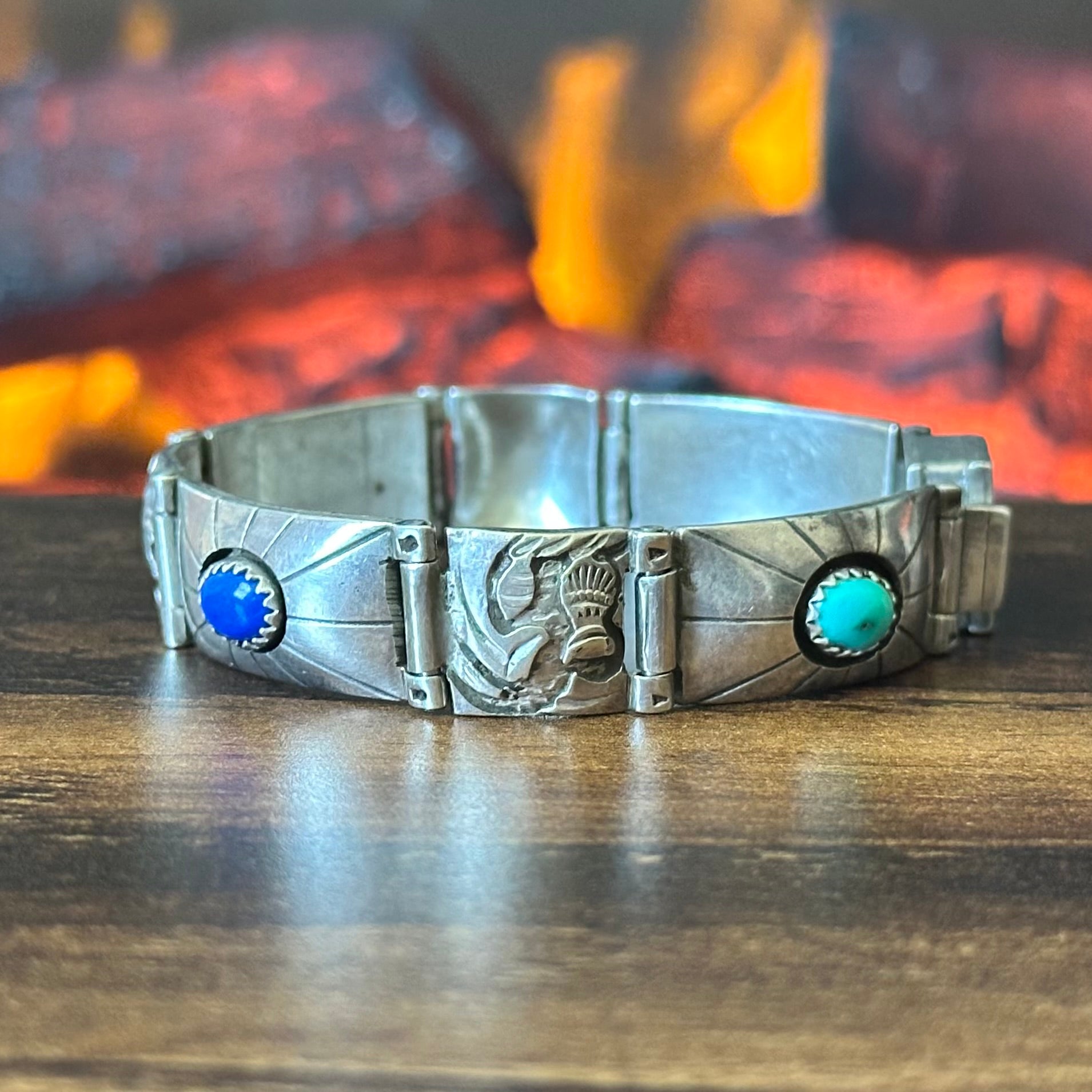 Navajo Tommy Jackson Turquoise Lapis Garnet Malachite Sterling Hand Stamped Bracelet