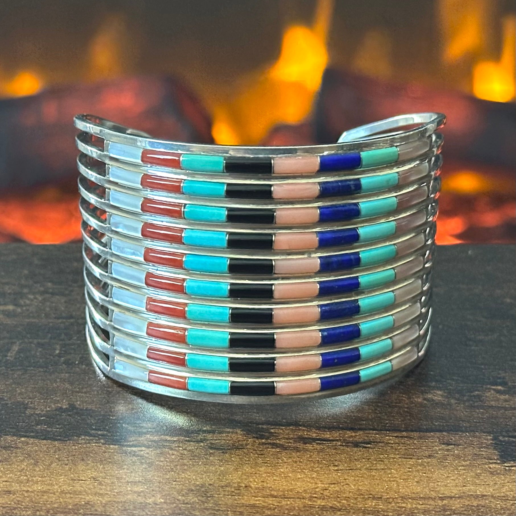 Zuni Anson & Leticia Wallace Turquoise Lapis Pink Conch MOP Onyx 80 Stone Sterling Inlay Statement Cuff