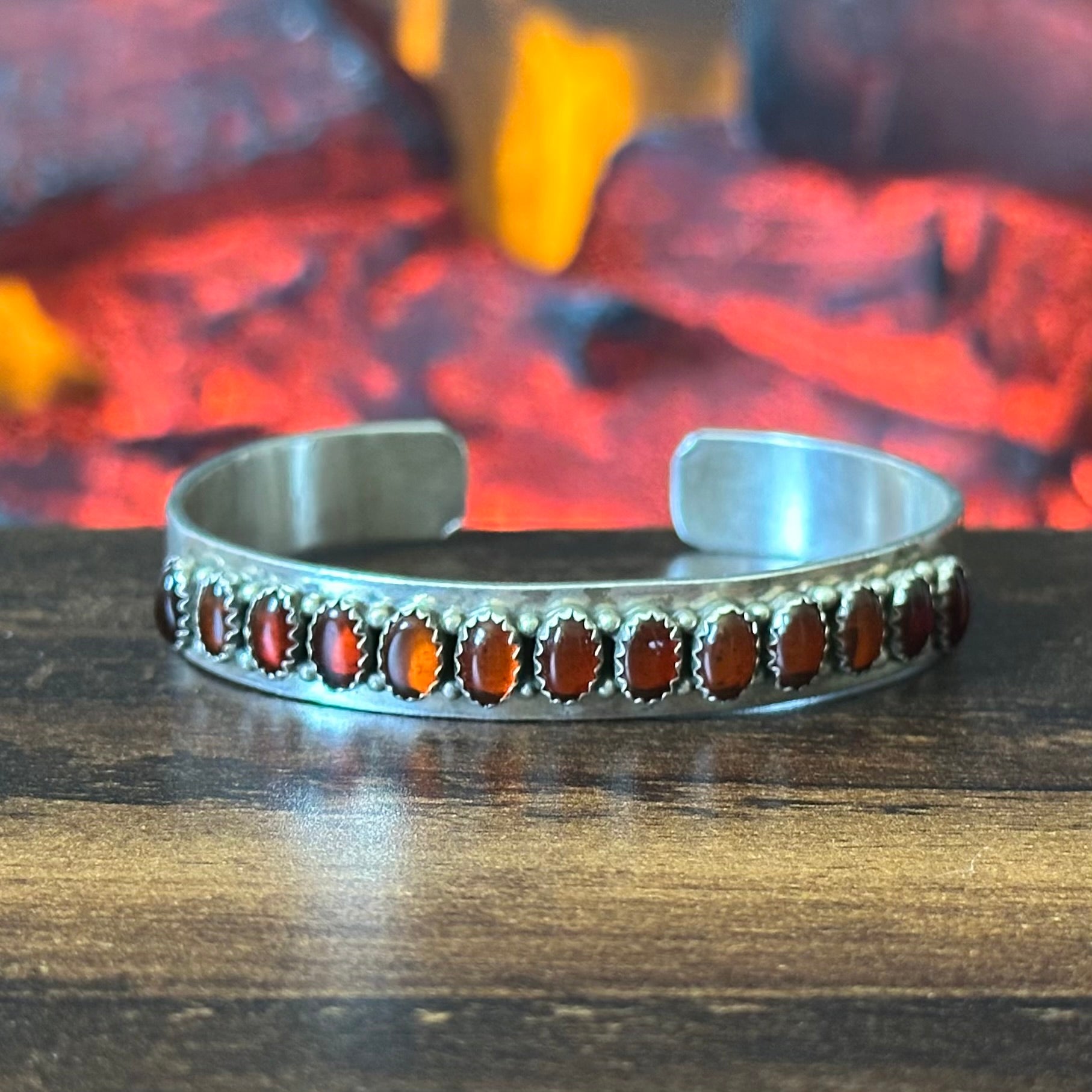 Navajo Patrick Yazzie Amber 13 Stone Sterling Stacker Cuff