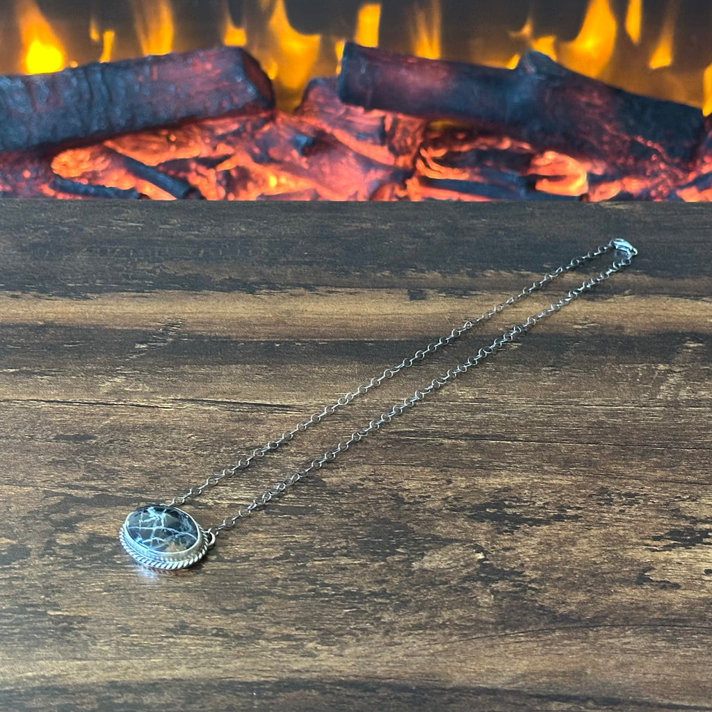 Navajo Hiram Largo White Buffalo Sterling Twist Wire Bezel Oval Pendant Necklace