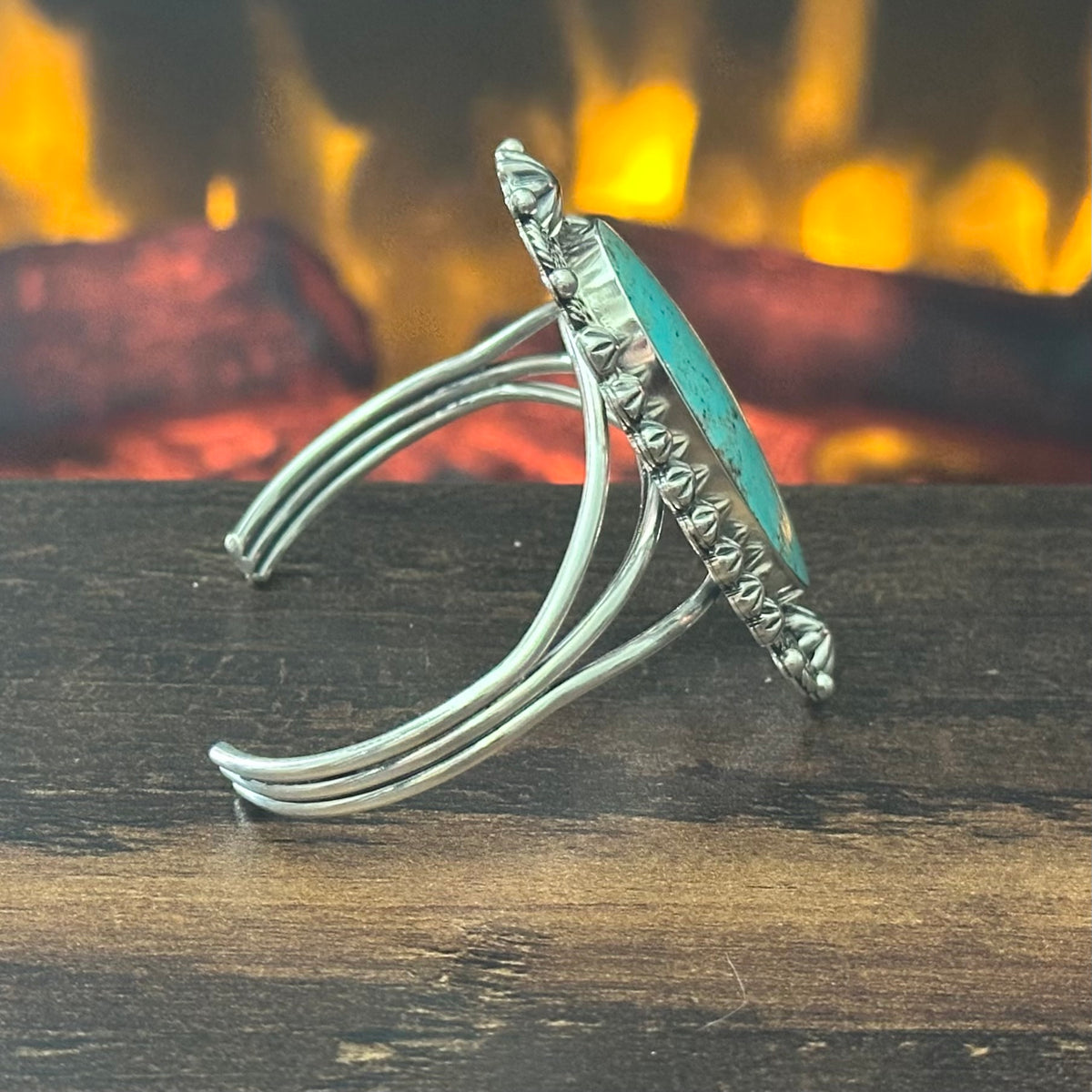 Navajo Jennifer Calladitto Turquoise Sterling Twist Wire Bezel Statement Cuff