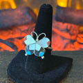 Zuni J Dishta Mother of Pearl Jet Red Coral Turquoise Sterling Butterfly Inlay Ring