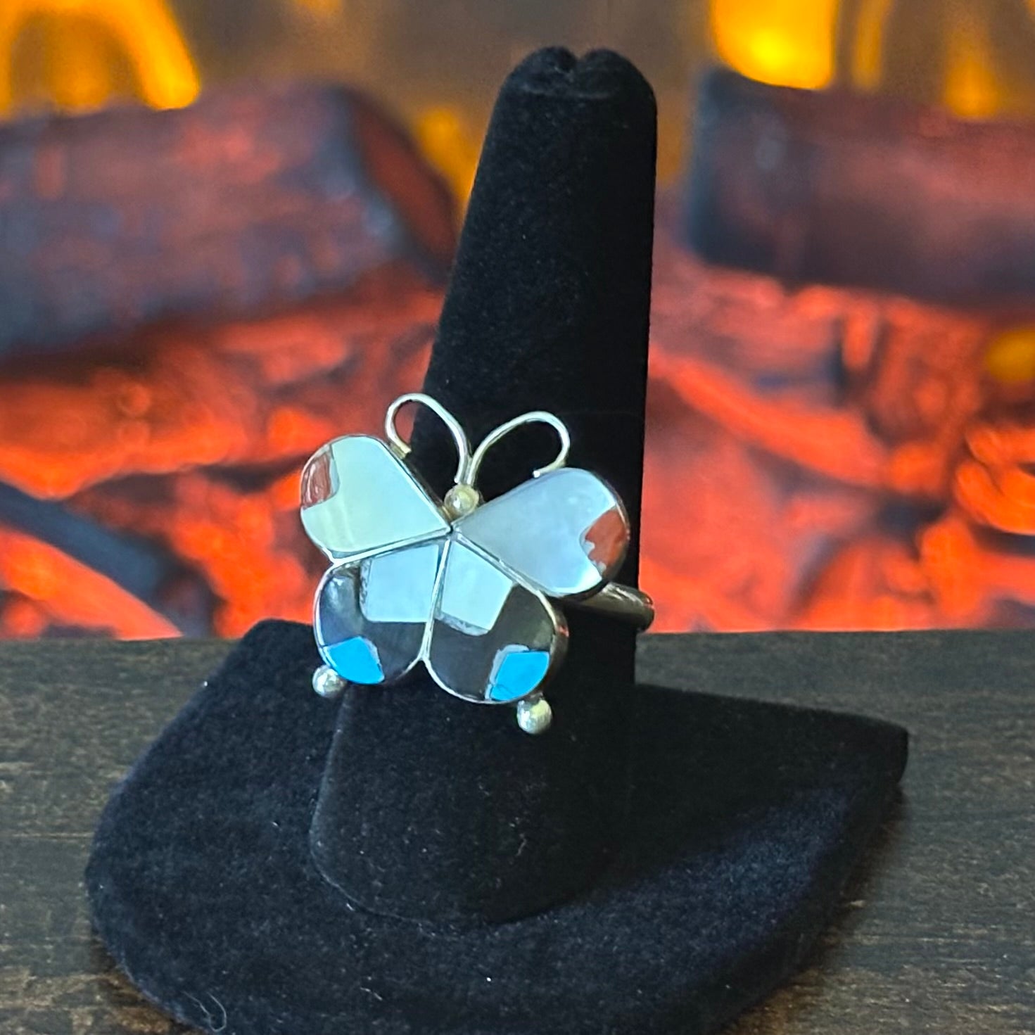 Zuni J Dishta Mother of Pearl Jet Red Coral Turquoise Sterling Butterfly Inlay Ring