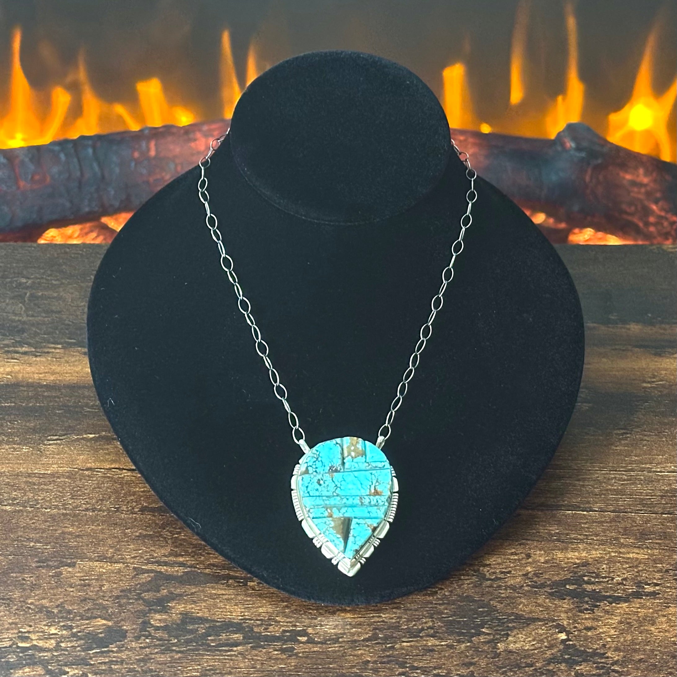 Navajo Steve Francisco Mine #8 Turquoise Sterling Cobblestone Inlay Pendant Necklace
