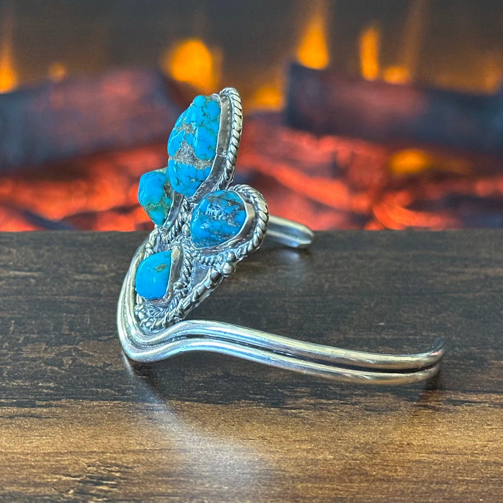Pictogram Signed 4 Stone Turquoise Sterling Twist Wire Abstract Cuff