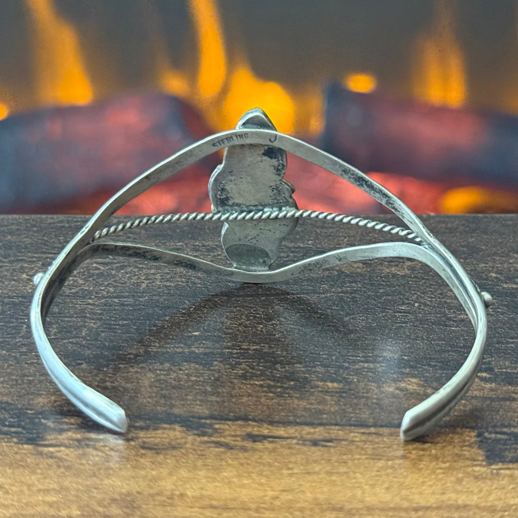 Vintage J Signed Onyx 2 Stone Sterling Hand Stamped Twist Wire Leaf Cuff