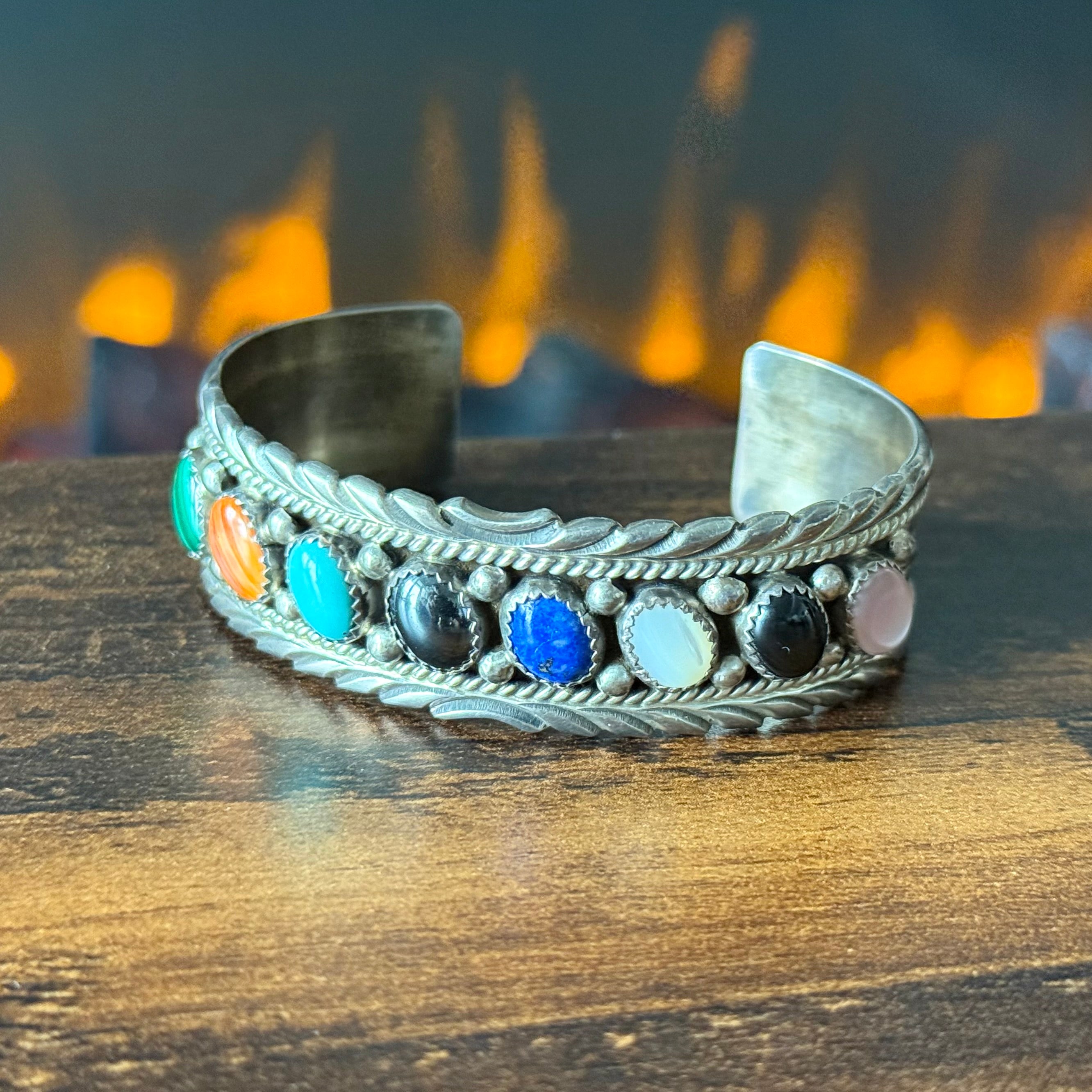 Navajo James Shay Rainbow Multi Stone Sterling Twist Wire Raindrop Cuff