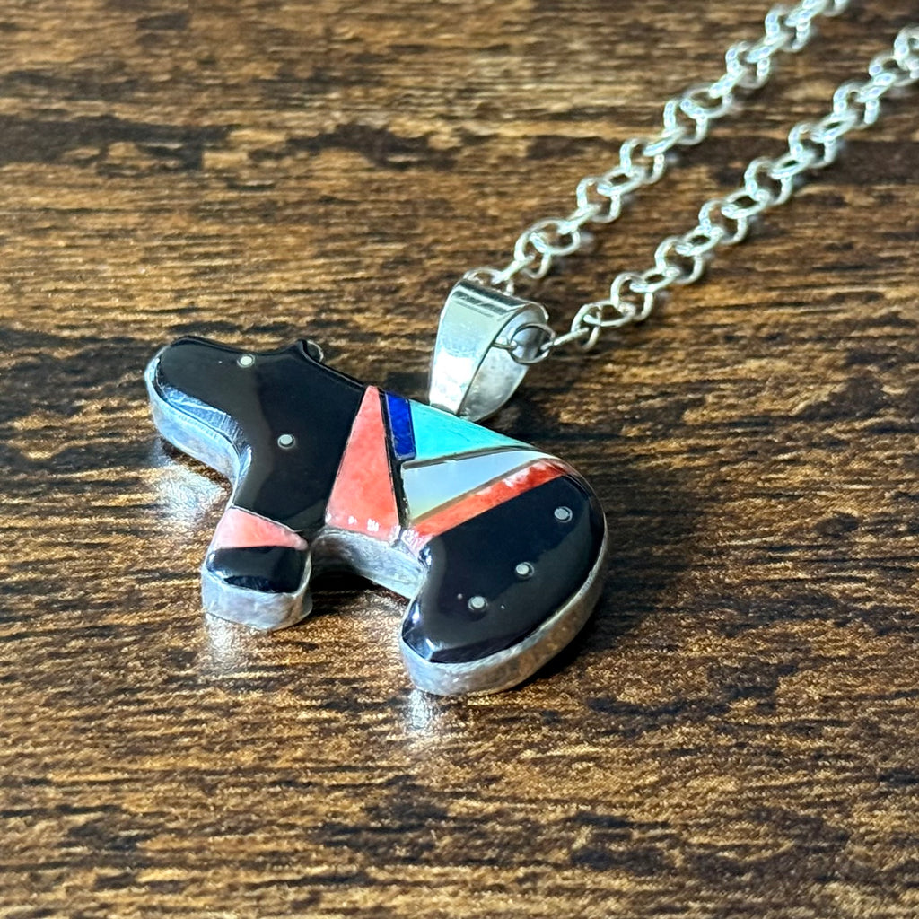 Navajo Gilbert Smith Turquoise Onyx Spiny Oyster Mother of Pearl Lapis Sterling Bear Micro Inlay Pendant Necklace