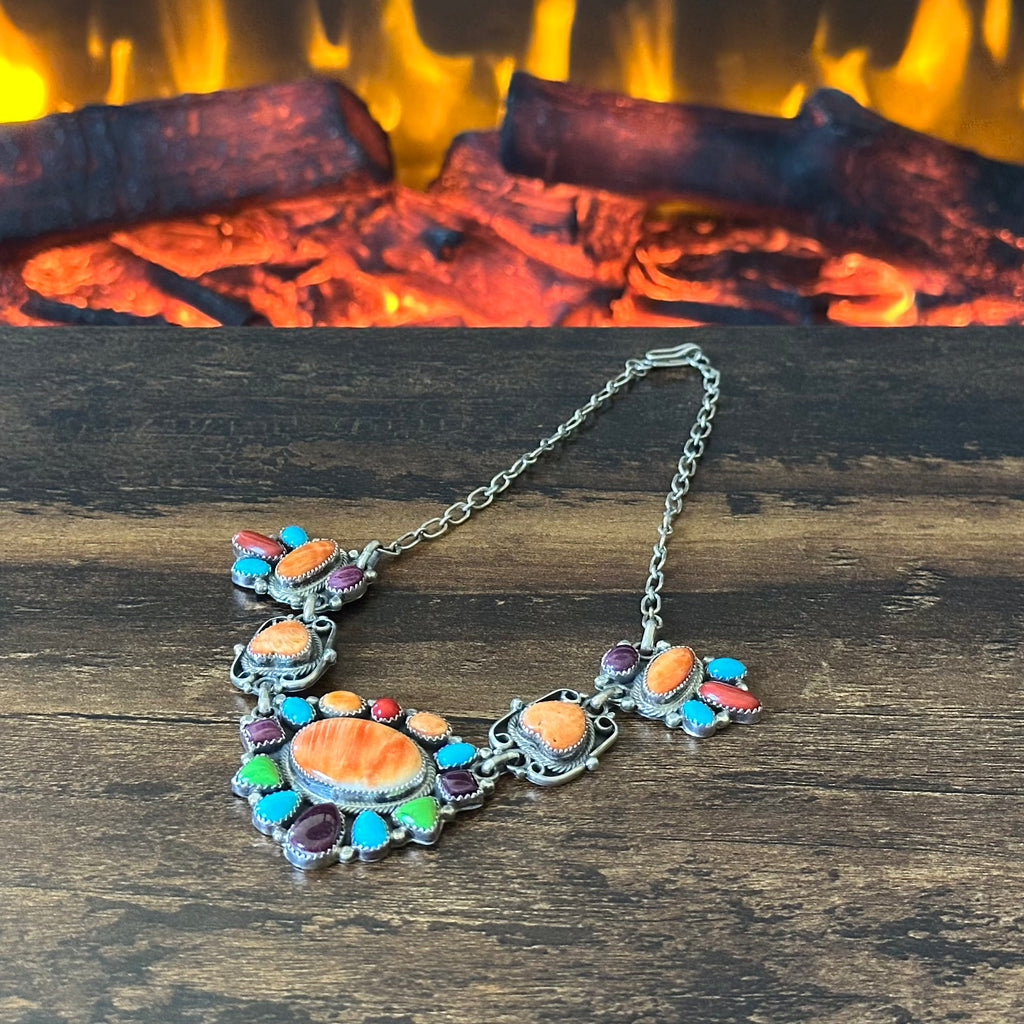 Navajo Roie Jaque Turquoise Spiny Oyster Gaspeite 25 Stone Sterling Cluster Heart Choker Necklace