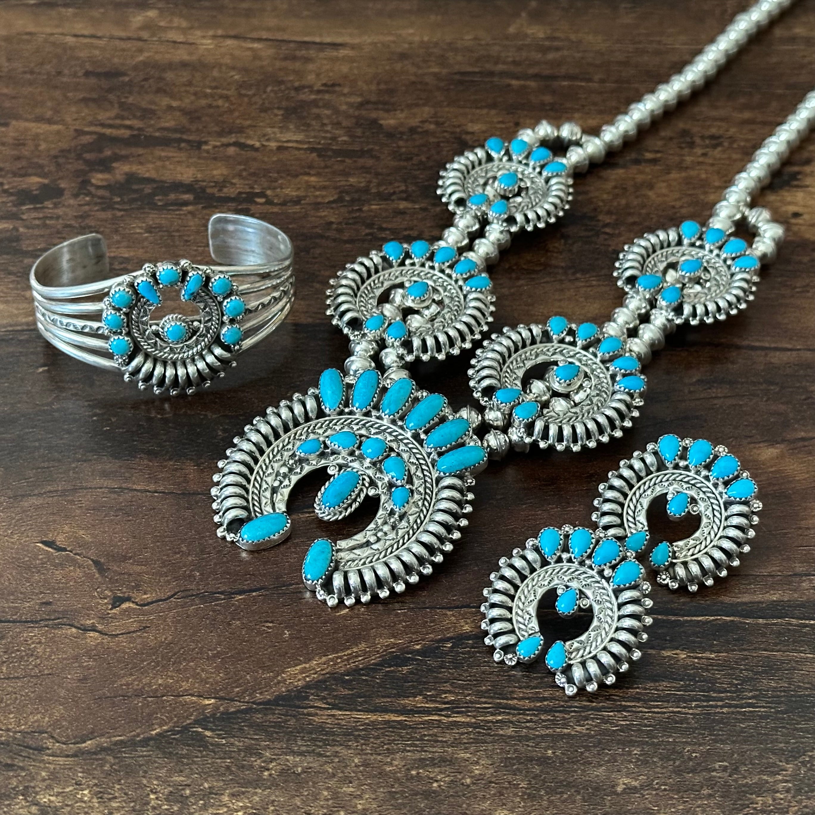 Navajo Nora Tsosie Turquoise 44 Stone Sterling Hand Stamped Petite Point Naja Statement Necklace Earrings Cuff Set