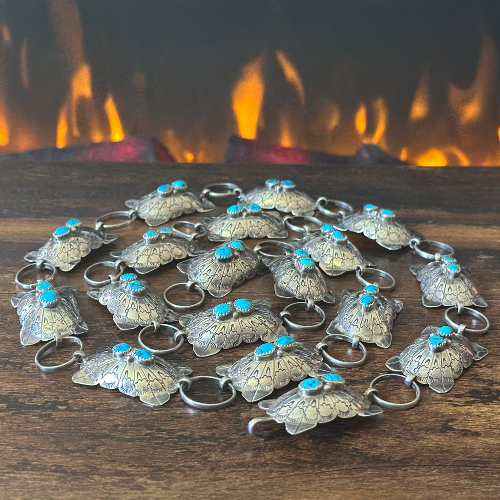A.J. Signed Turquoise Double Stone 18 Sterling Concho Hand Stamped Belt