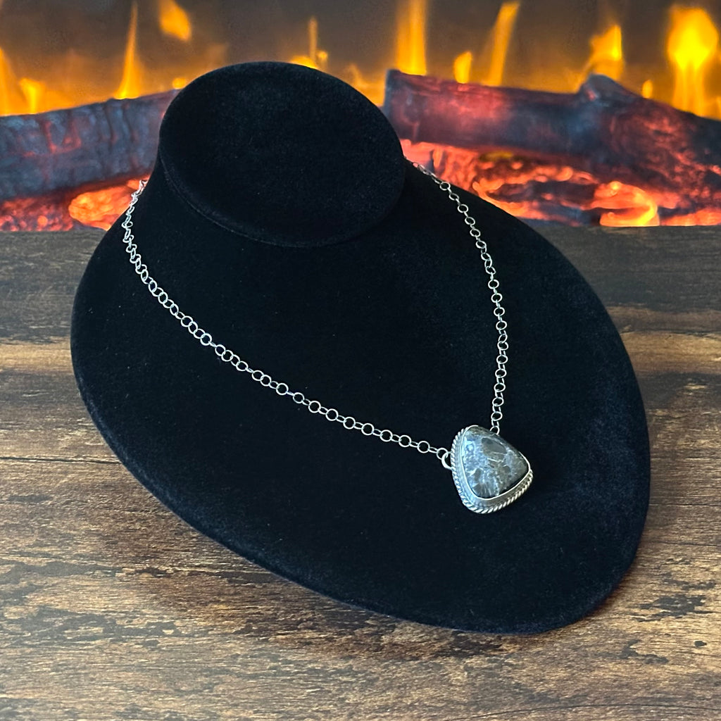 Navajo Hiram Largo White Buffalo Sterling Twist Wire Bezel Triangle Pendant Necklace