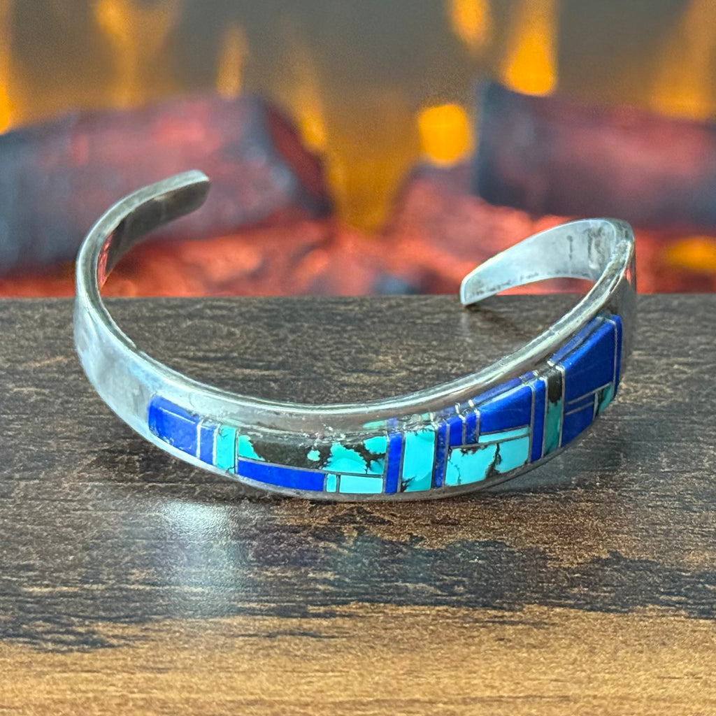 EB Signed Turquoise Lapis Sterling Abstract Inlay Cuff
