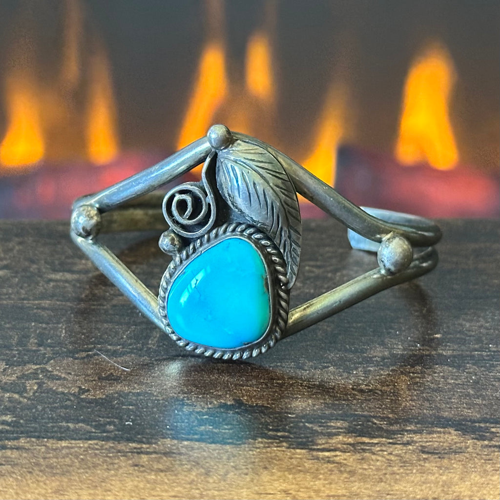 SK Signed Vintage Turquoise Sterling Raindrop Leaf Cuff
