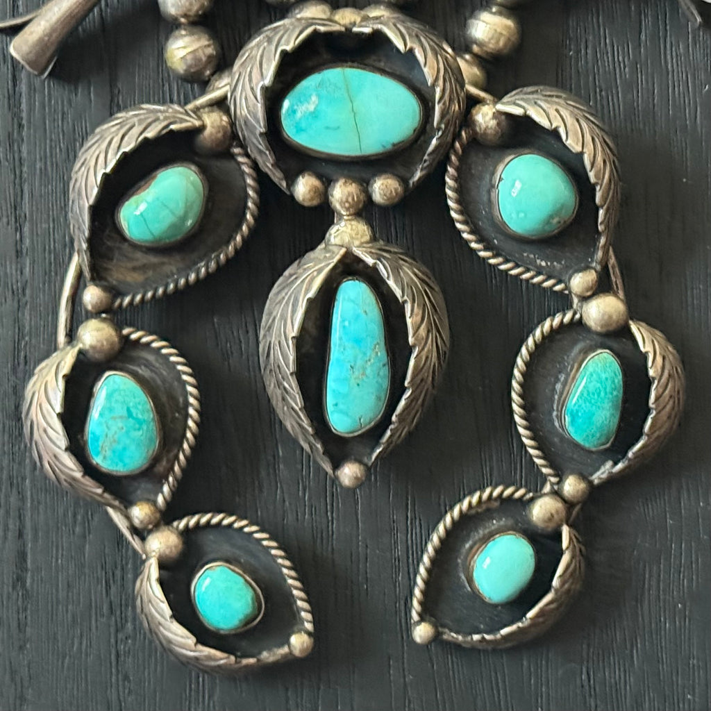 1970-80s Turquoise 20 Stone Sterling Leaf Shadowbox Squash Blossom