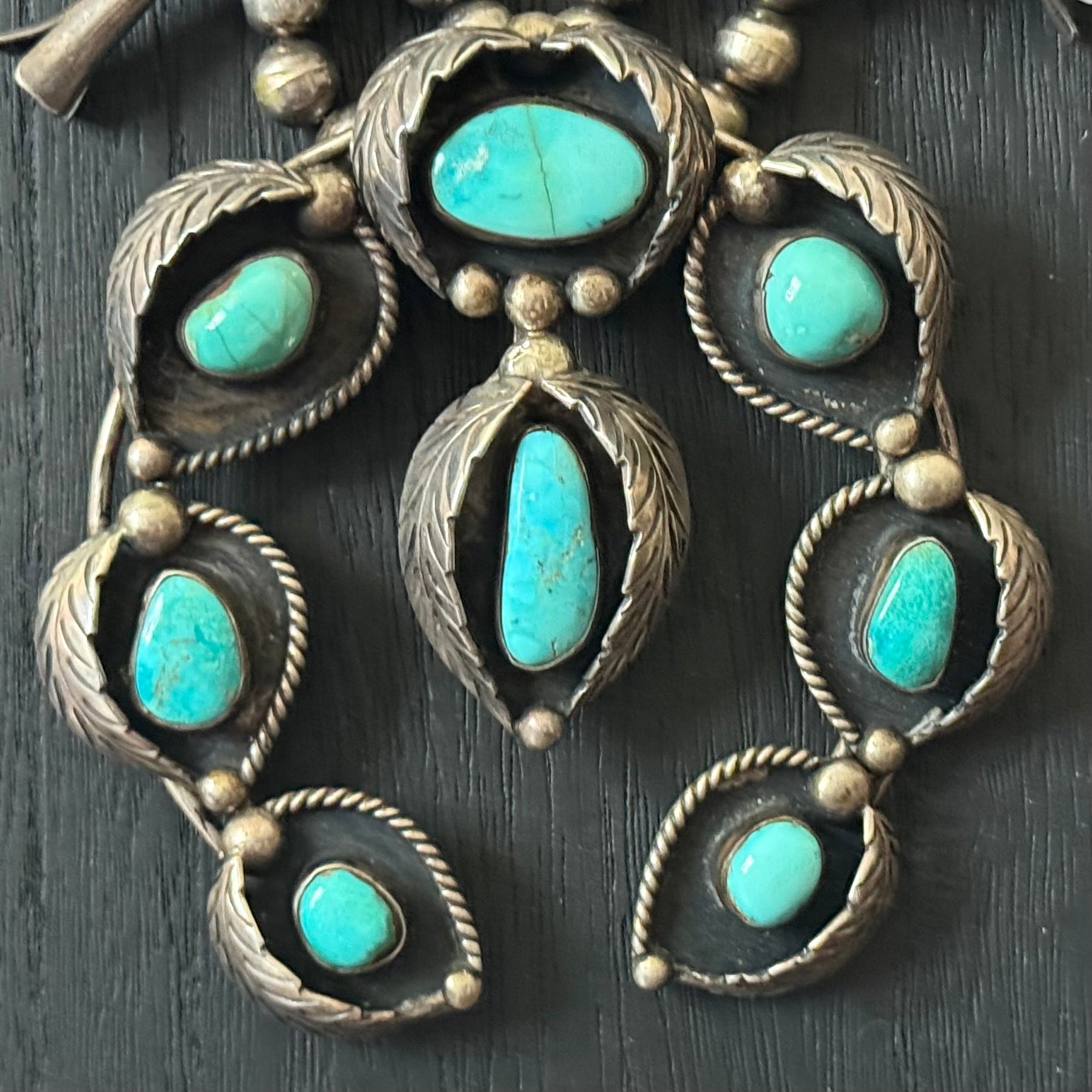 1970-80s Turquoise 20 Stone Sterling Leaf Shadowbox Squash Blossom