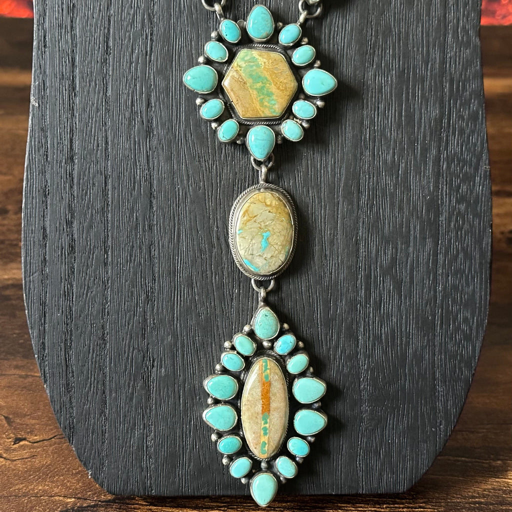 Navajo Sheila Tso Royston Ribbon Turquoise 133 Stone Cluster Lariat Necklace Earrings Set
